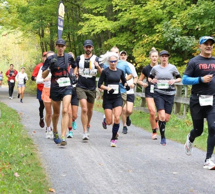 Des coureur sur les sentiers bordés d'arbres du P'titi Train du Nord